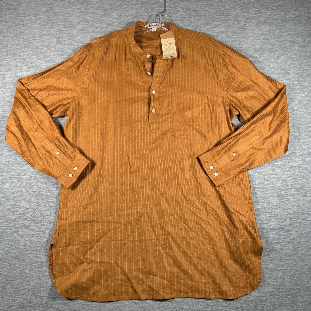 Fabindia Shirt Mens Large Orange Stripe Long Sleeve Band Collar Casual Tunic